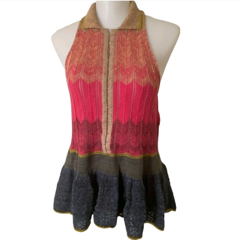 Free People peplum knit polo, NWT, size S, navy/red/tan combo